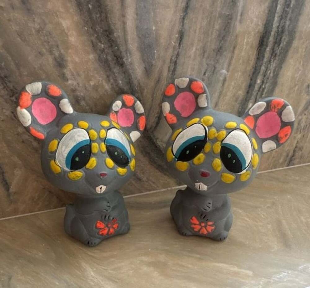 Vintage Hand Painted Ceramic Mouse Figurines Folk Art Pair